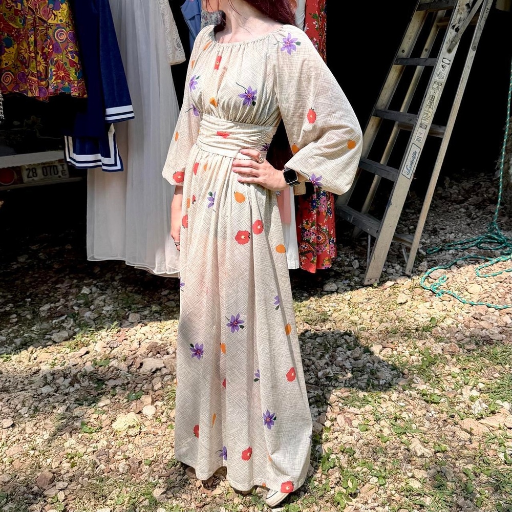 70s cottage garden long sleeve maxi dress peasant billow sleeve gathered waist